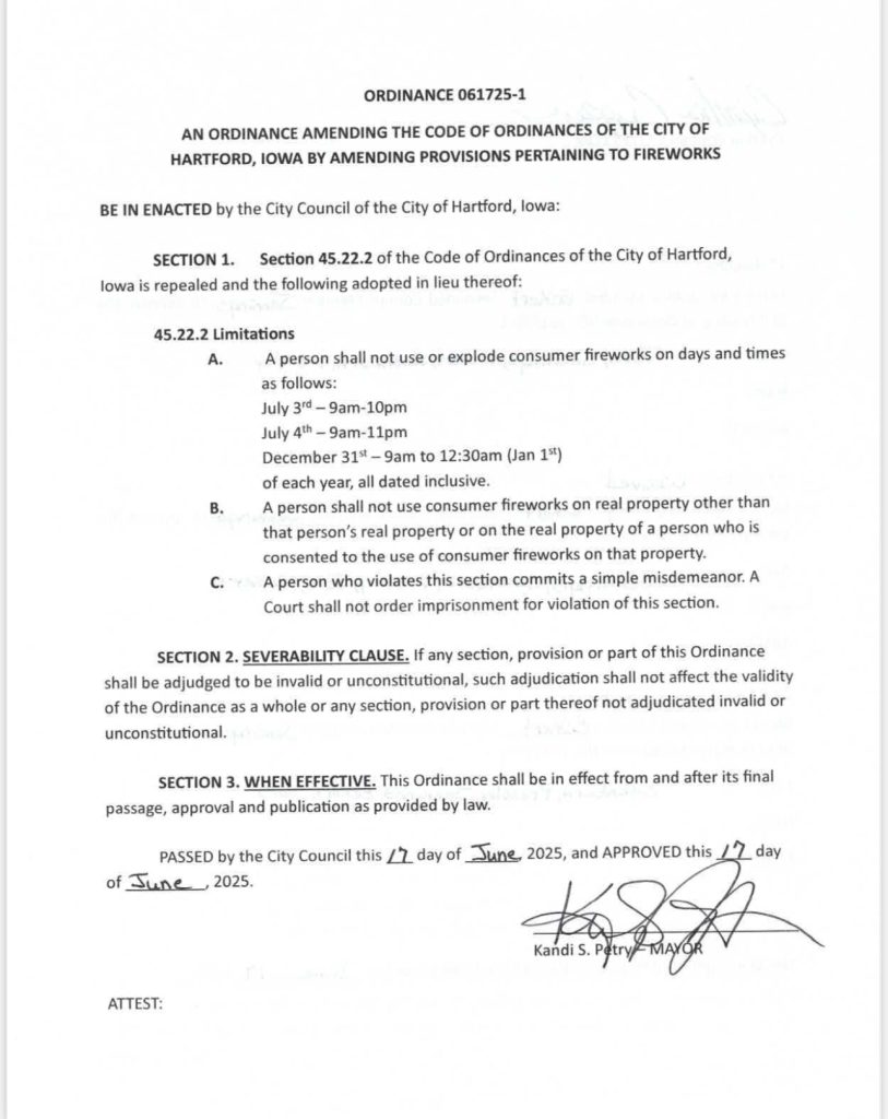 A scanned city ordinance document from Hartford, Iowa, detailing updated regulations and permitted times for consumer fireworks, signed and approved by city officials on June 14, 2023.